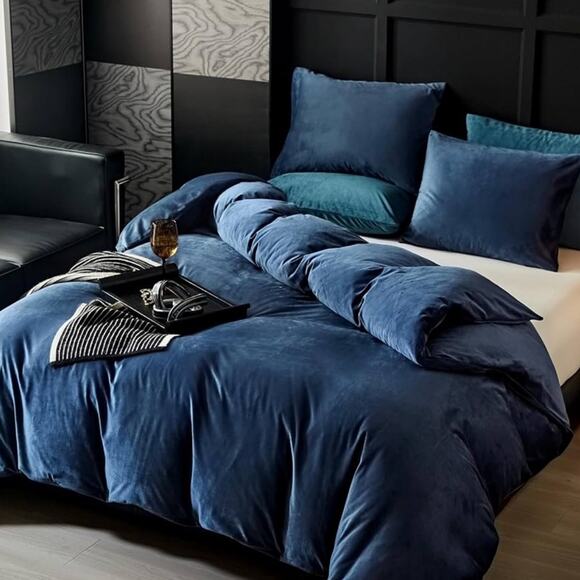 🆕 Blue Velvet Duvet Set King Luxury Hotel Vibes Cozy Bedding - Picture 2 of 8